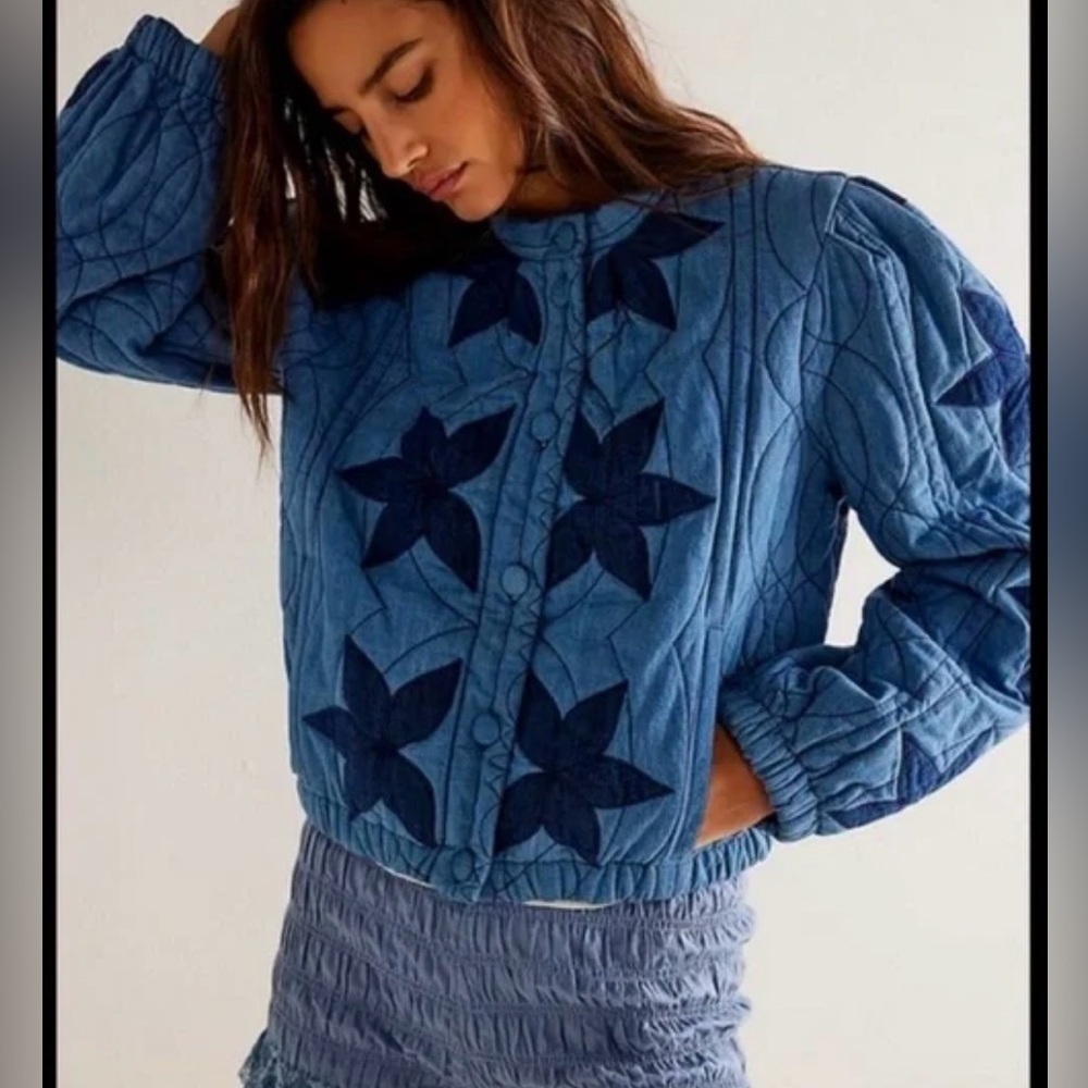 Free People Quinn Quilted Jacket - indigo combo - small